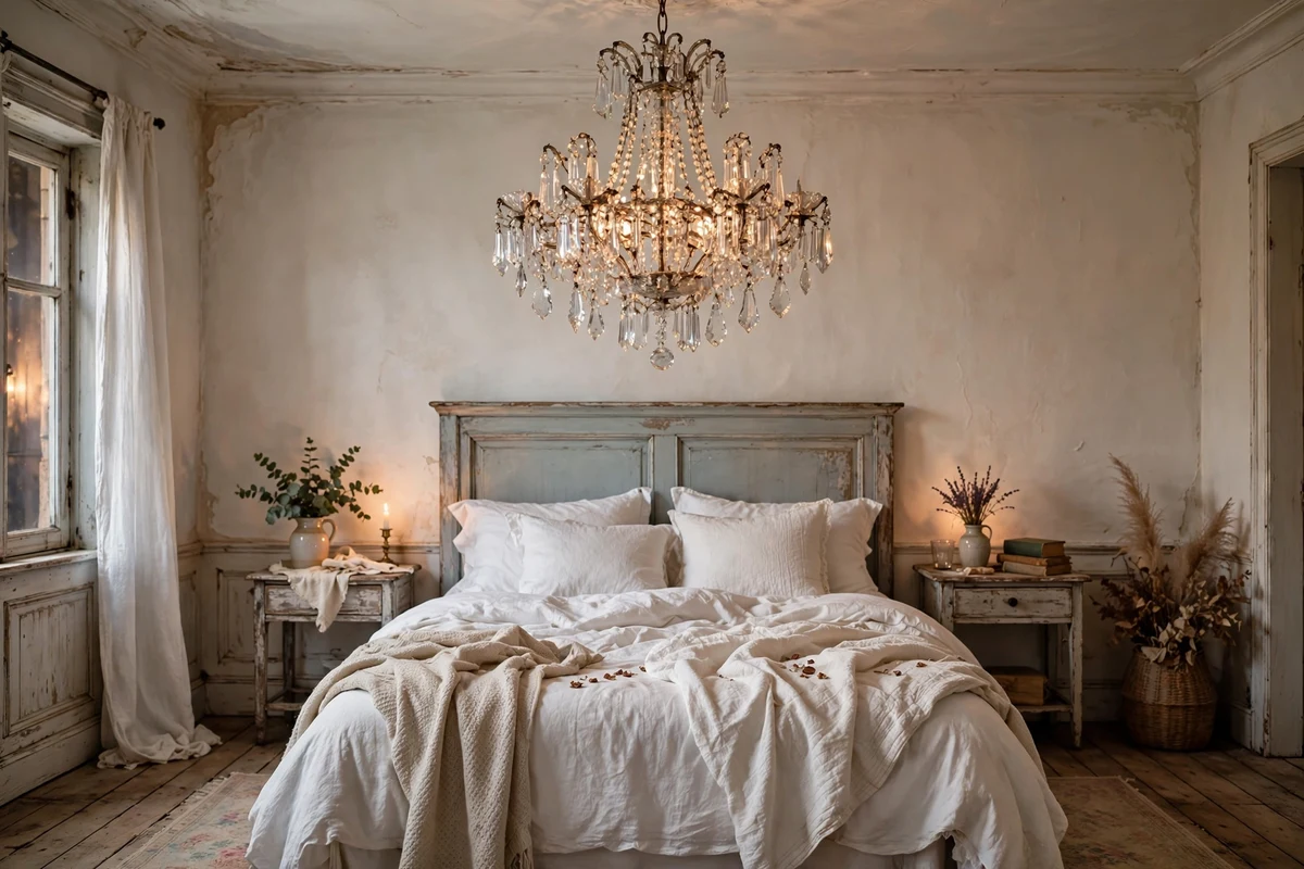 Crystal chandelier with vintage prisms over a shabby chic bed