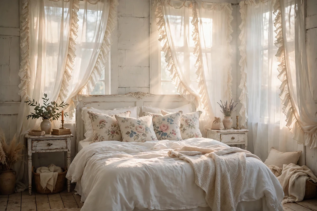 Sheer ruffled curtains filtering light in a shabby chic bedroom