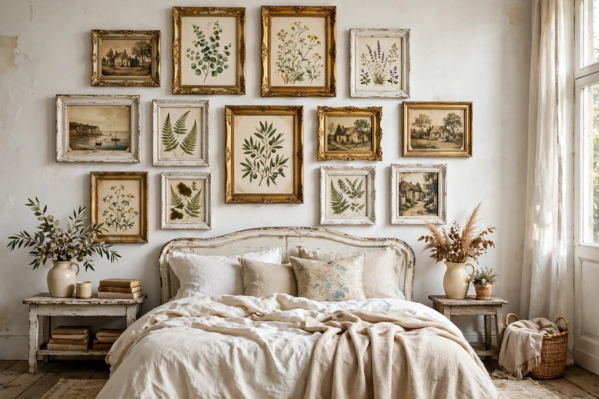 Gallery wall of vintage frames in a shabby chic bedroom