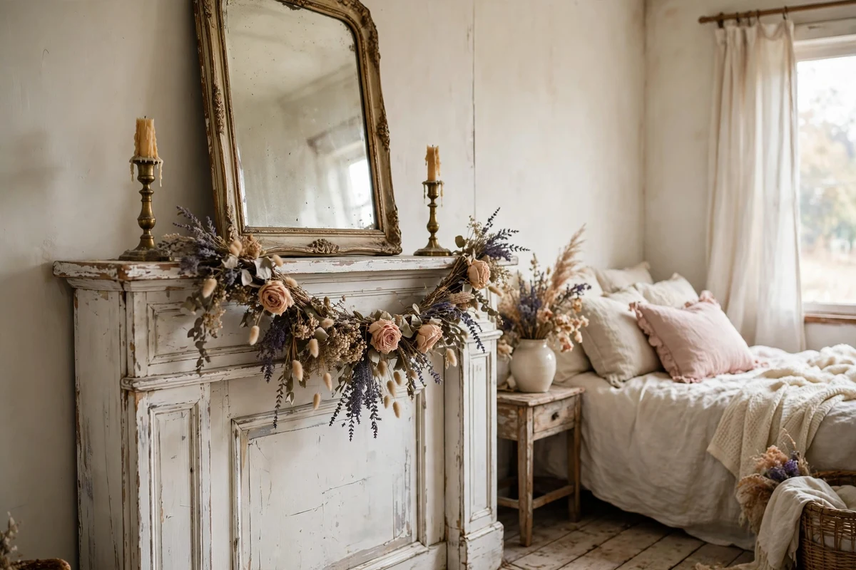 Distressed white fireplace mantel in a shabby chic bedroom