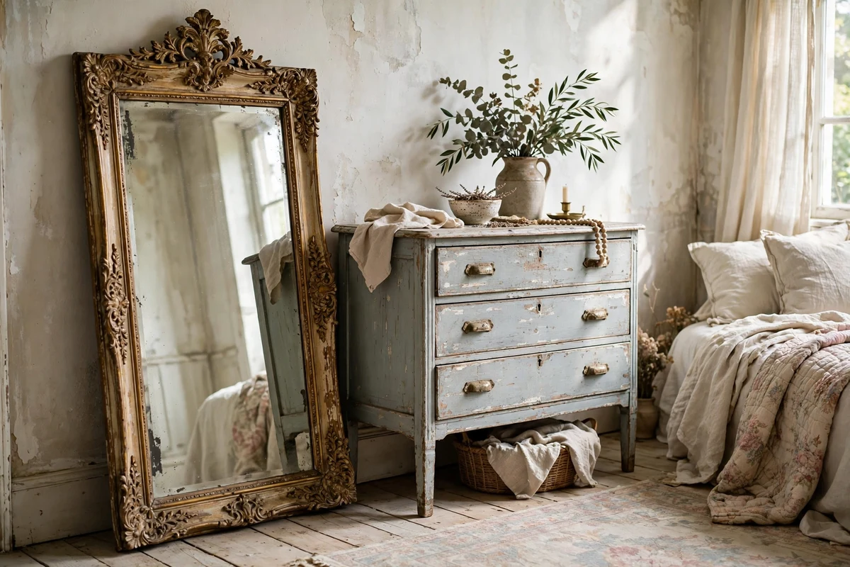 Ornate vintage mirror with gold frame in shabby chic bedroom