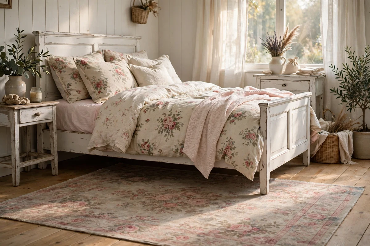 Rose-patterned area rug under a shabby chic bed