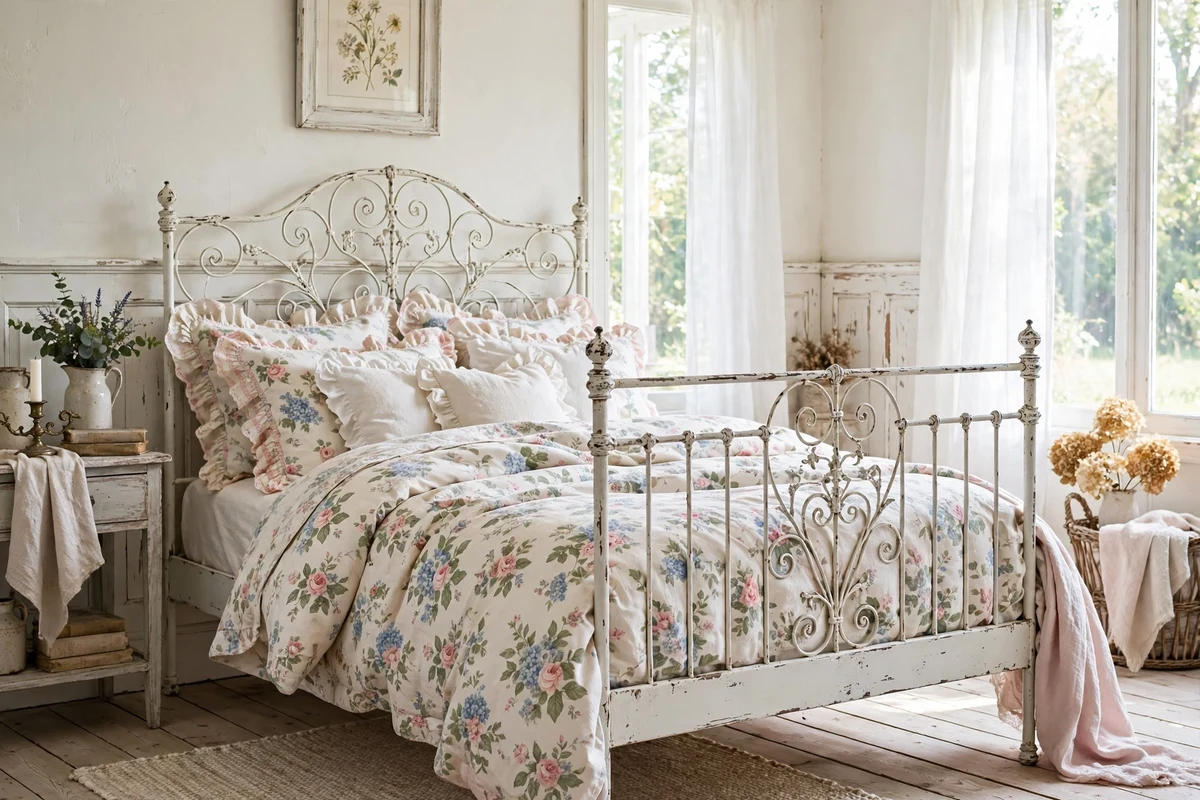 Vintage iron bed with ornate headboard in shabby chic bedroom