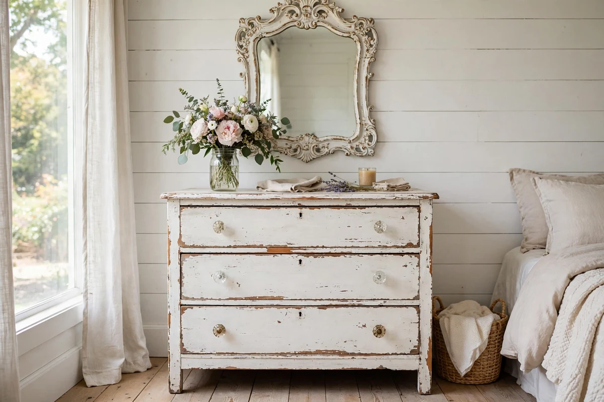 Distressed white dresser with vintage knobs in shabby chic bedroom