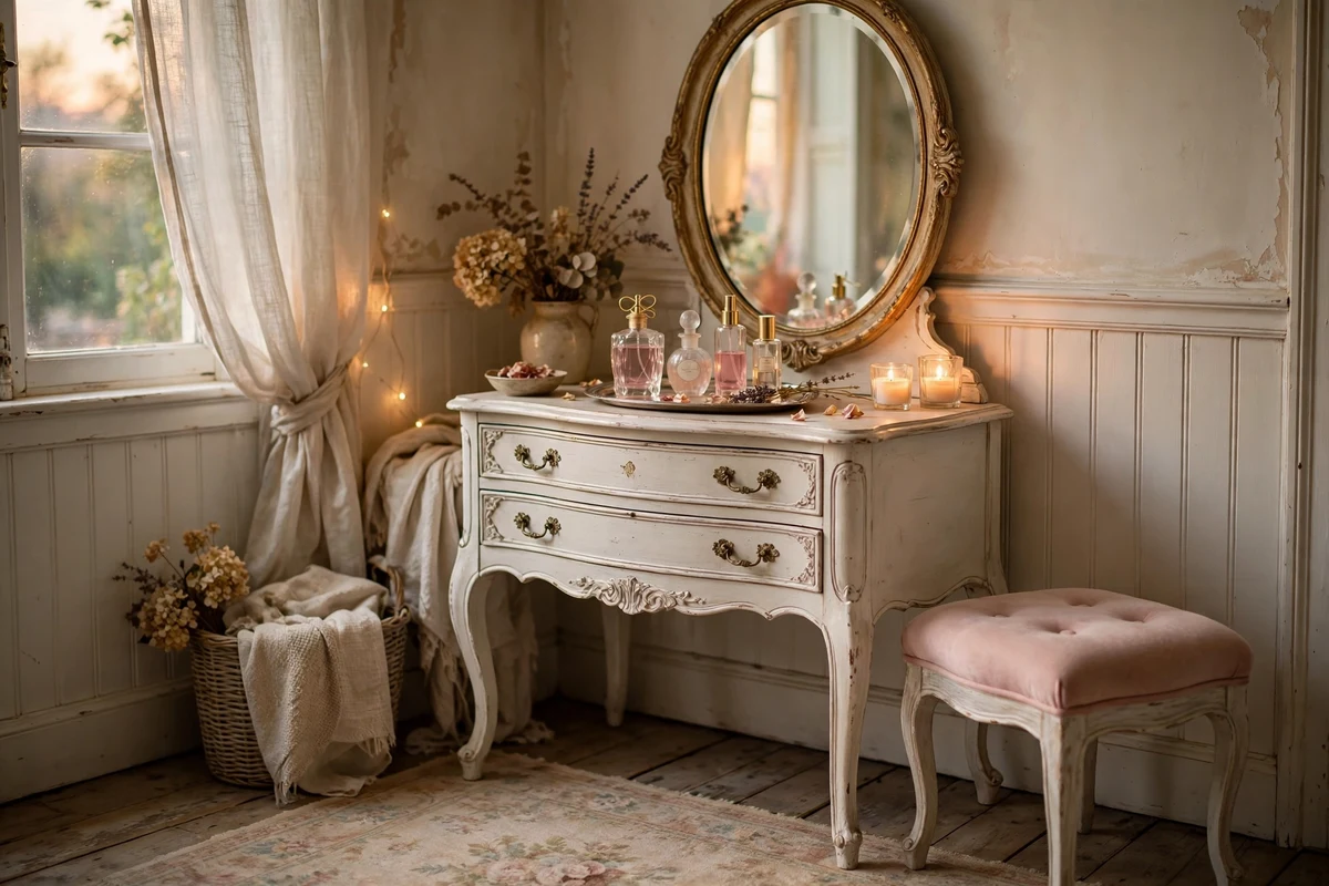 French vanity with curved legs in a shabby chic bedroom