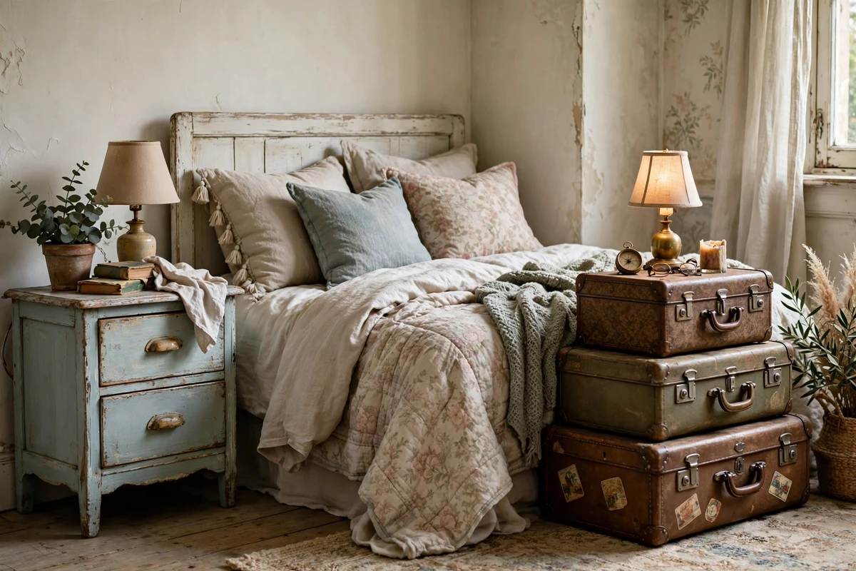 Mismatched vintage bedside tables in shabby chic bedroom