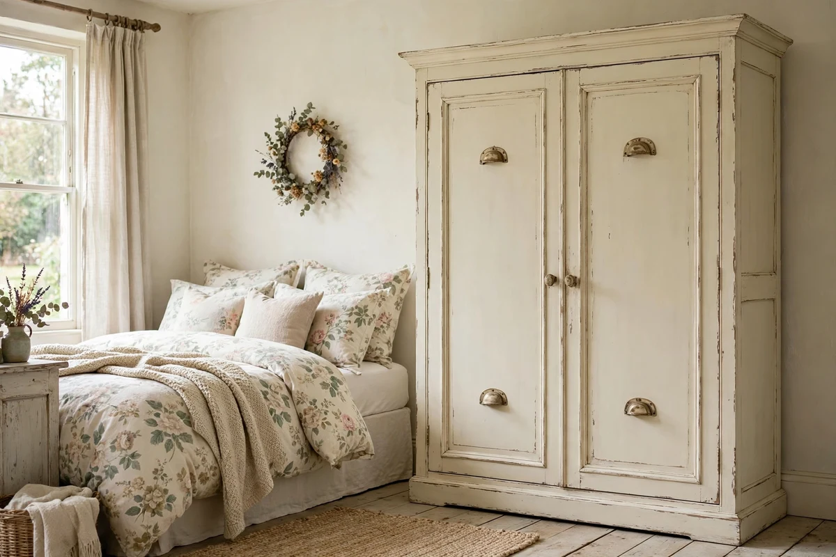 Chalk-painted wardrobe in cream in a shabby chic bedroom