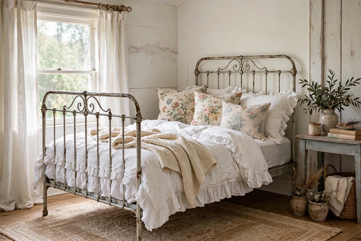 Shabby chic daybed with ruffled bedding in a bedroom corner