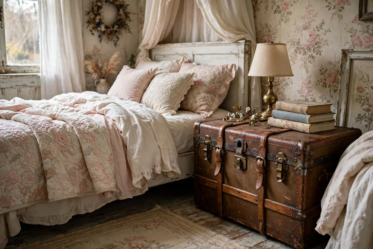Vintage trunk used as nightstand in shabby chic bedroom