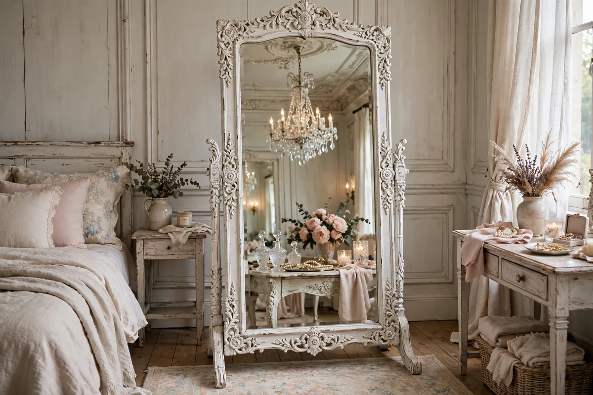 Ornate vanity mirror with carved frame in shabby chic bedroom