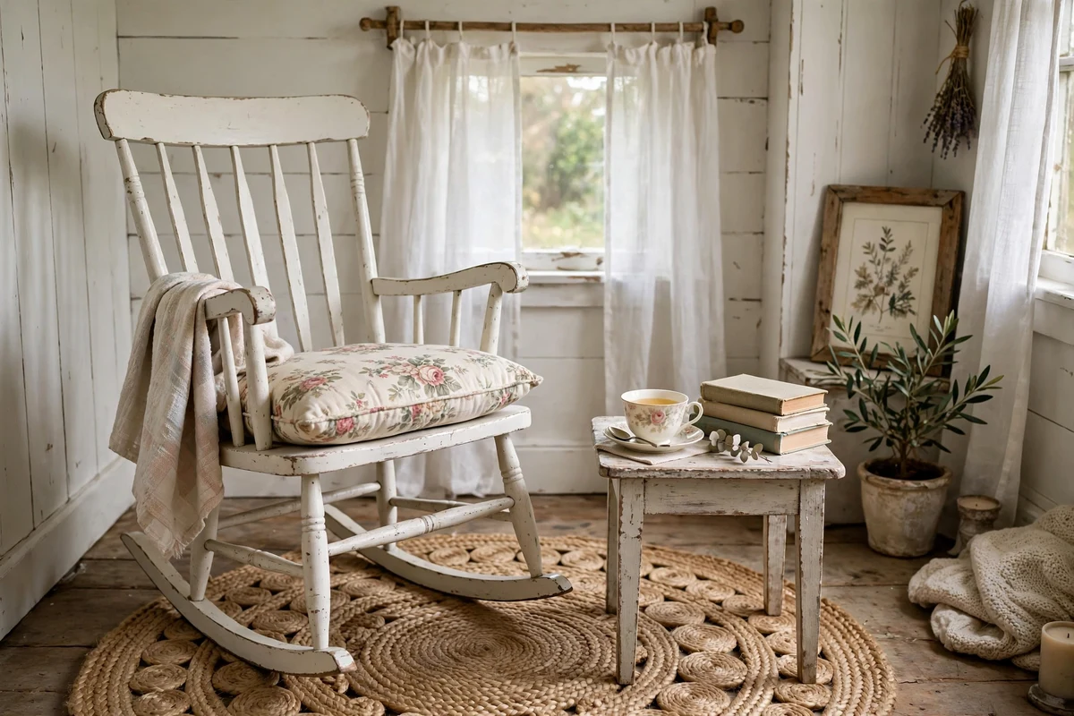 Vintage rocking chair with cushion in a shabby chic bedroom corner