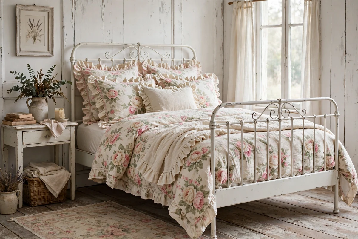Floral chintz bedding on a shabby chic bed