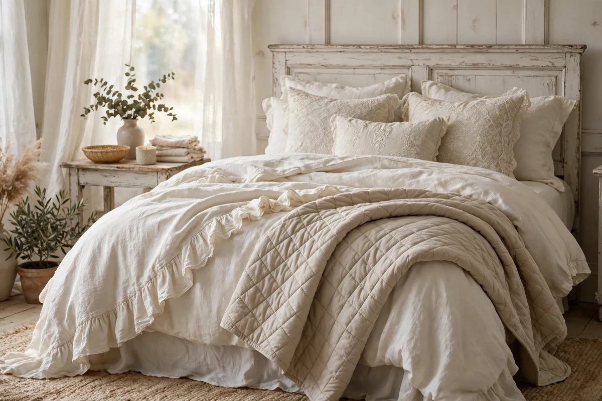 Ruffled linen duvet cover in ivory on a shabby chic bed