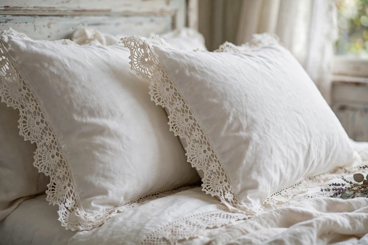 Lace-trimmed pillow shams on a shabby chic bed