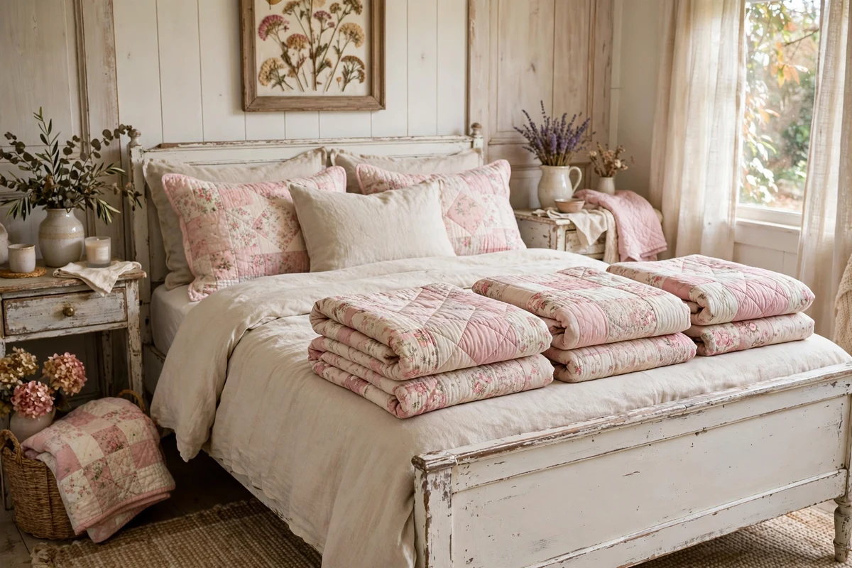 Quilted throw blankets folded at the foot of a shabby chic bed
