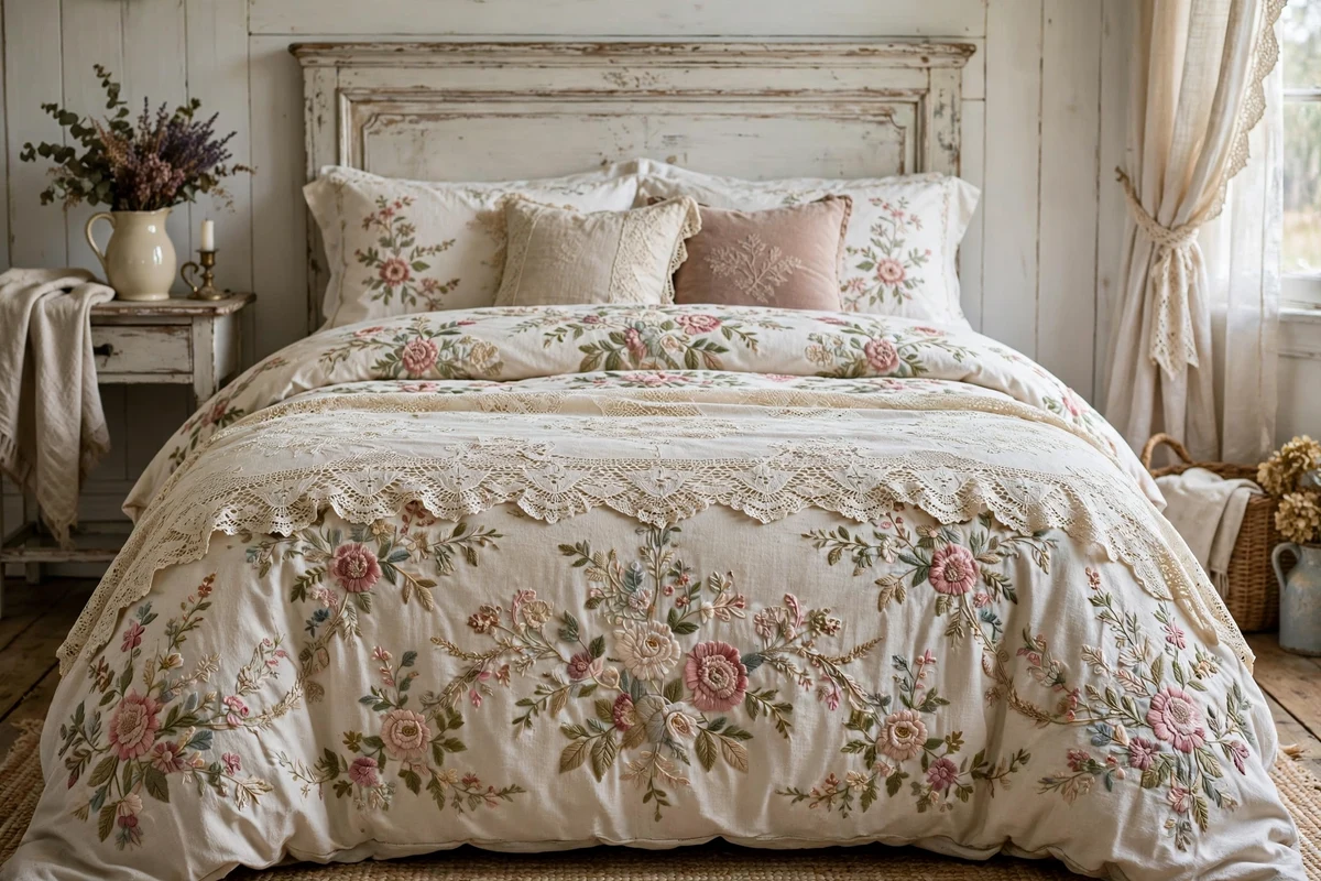 Vintage lace tablecloth used as a bed runner in shabby chic bedroom