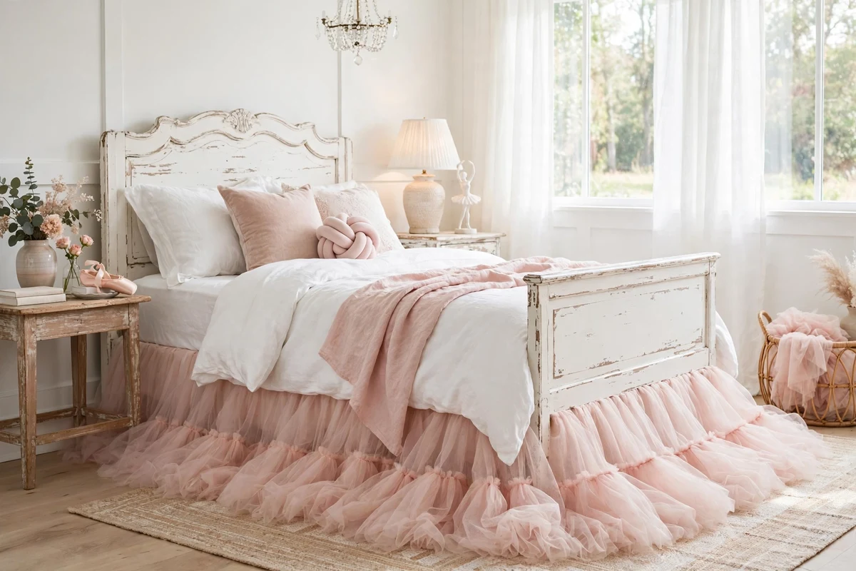 Tulle bed skirt in blush under a shabby chic bed