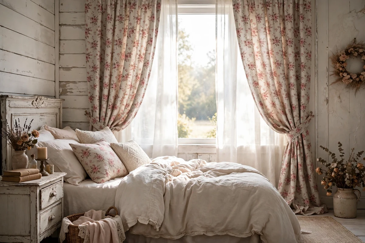 Rose-patterned curtains in a shabby chic bedroom