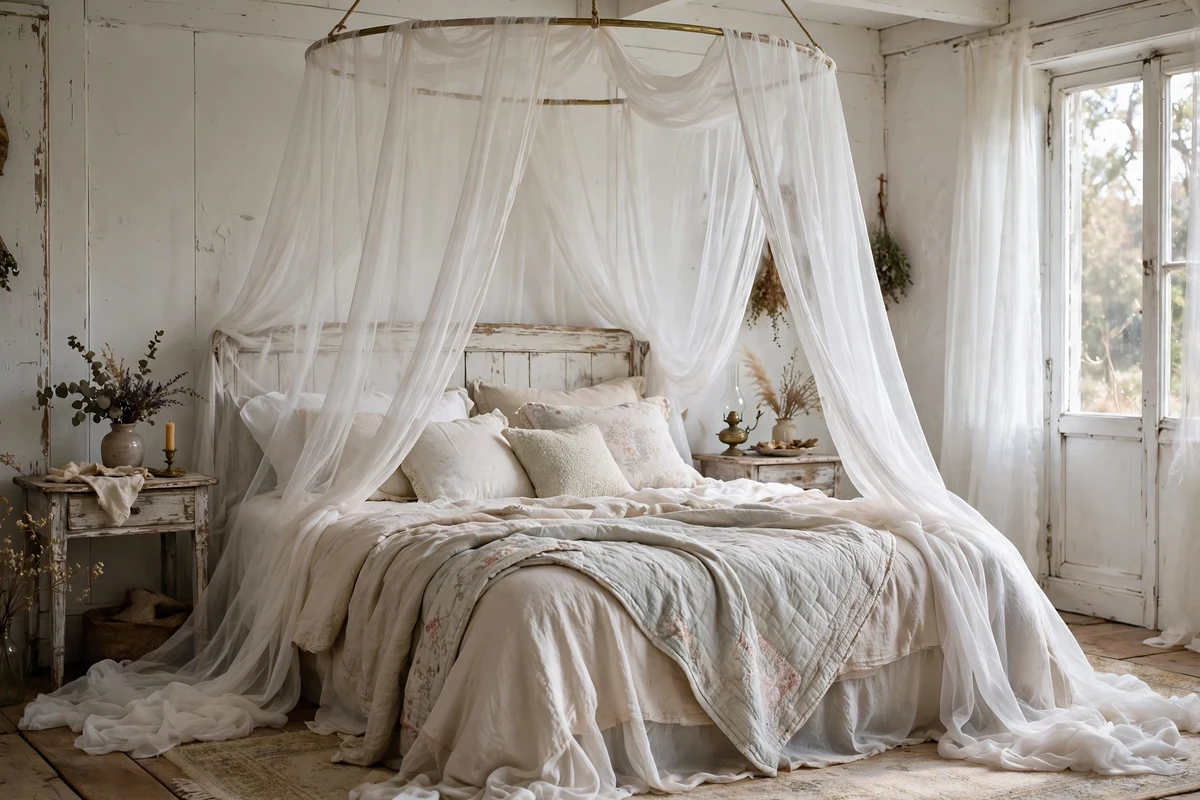 Sheer canopy drapes over a shabby chic bed