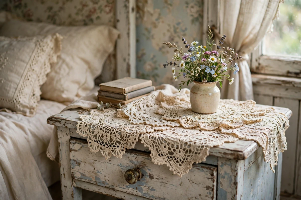 Vintage doilies styled on a nightstand in shabby chic bedroom