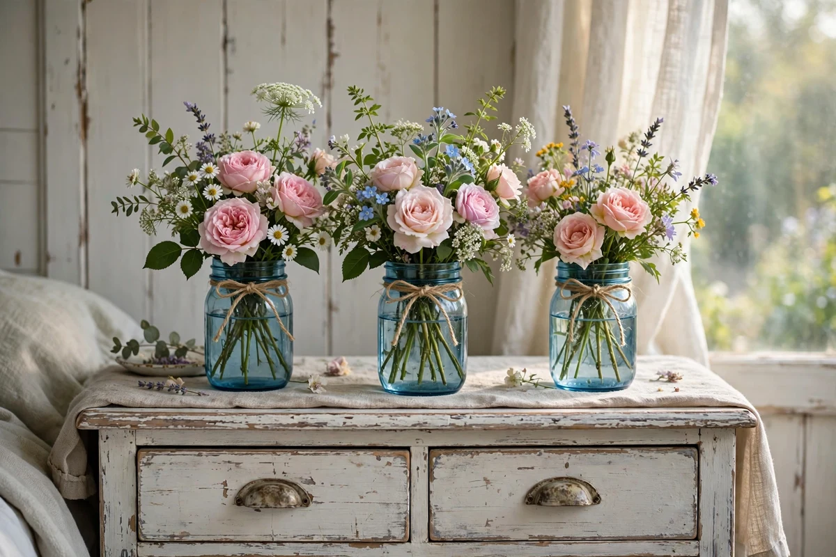 Mason jar flower arrangements on a nightstand in shabby chic bedroom