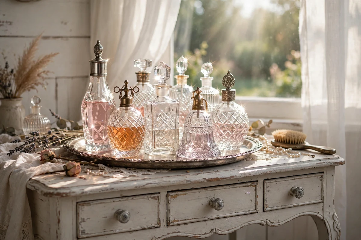 Collection of vintage perfume bottles on a vanity tray