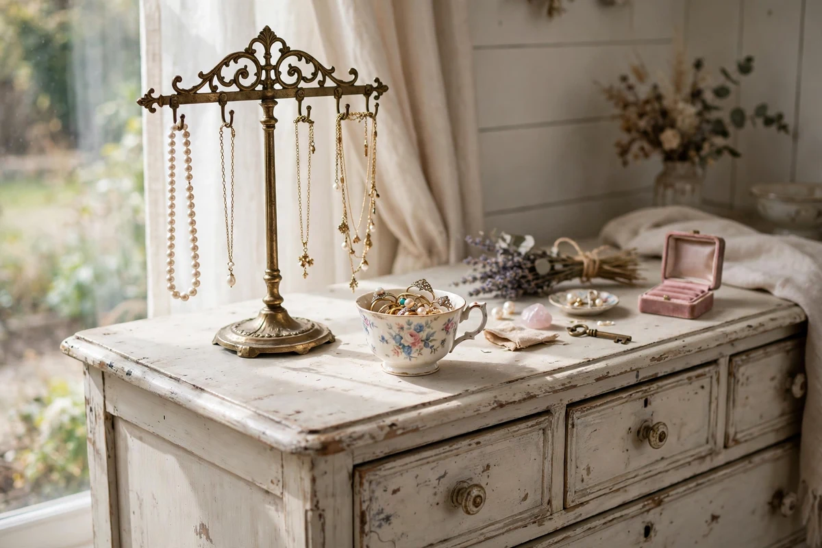 Vintage jewelry stand with necklaces in shabby chic bedroom