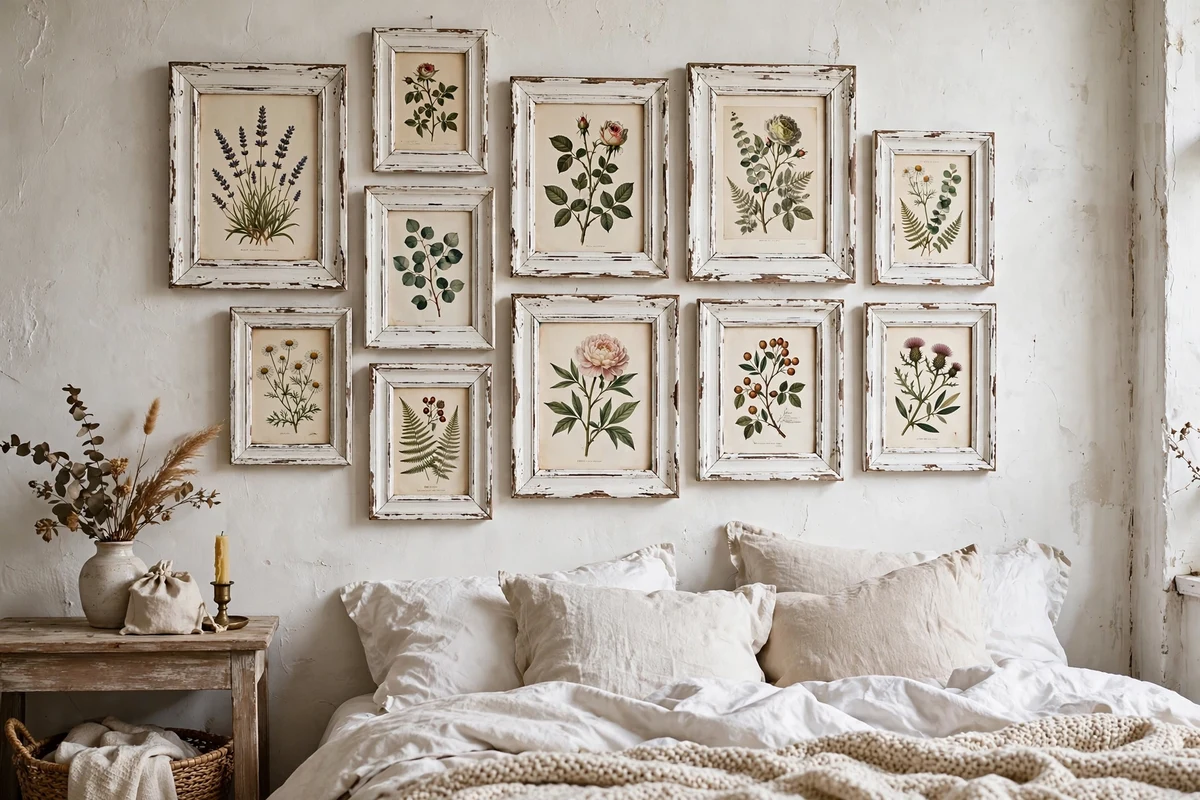 Distressed picture frames with botanical prints in shabby chic bedroom