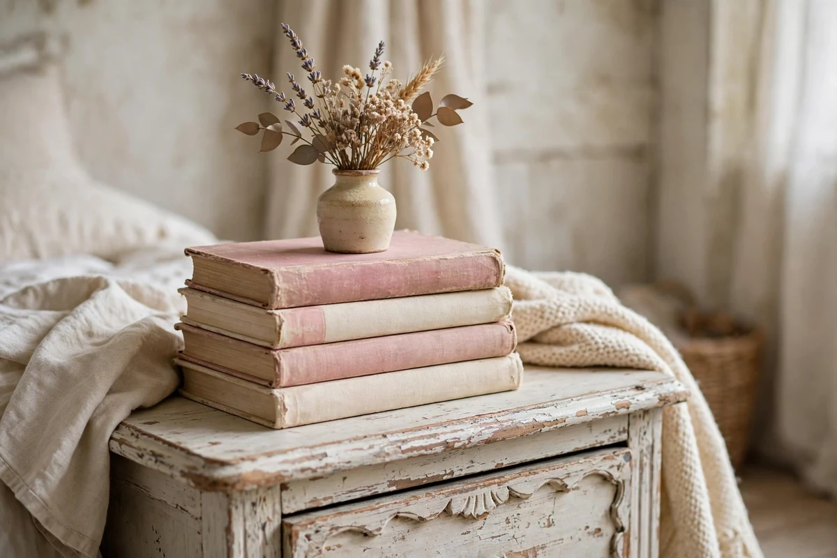 Stack of vintage books with faded covers in shabby chic bedroom