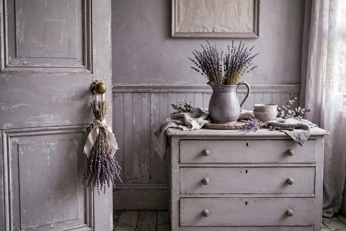 Dried lavender bundles tied with ribbon in shabby chic bedroom