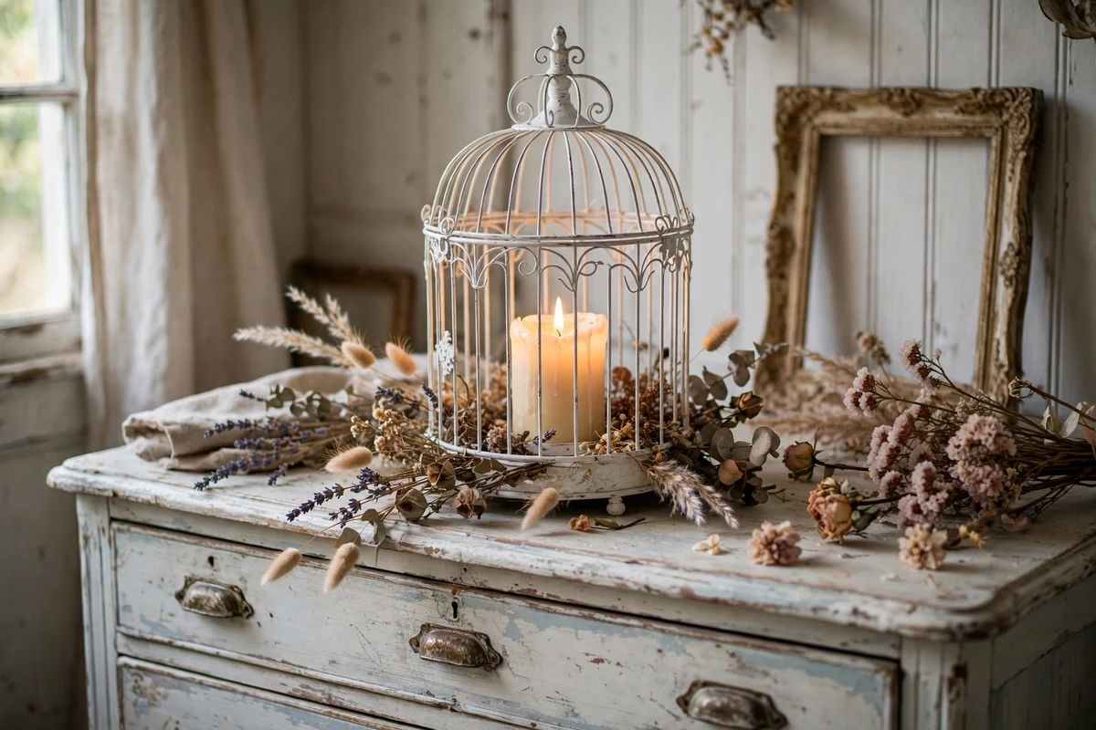 Decorative birdcage with candles in a shabby chic bedroom