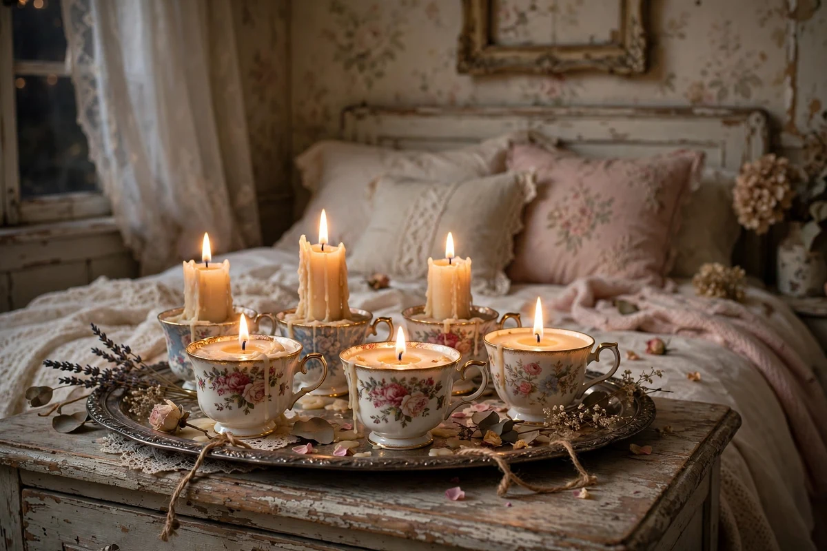 Candles poured into vintage teacups in shabby chic bedroom
