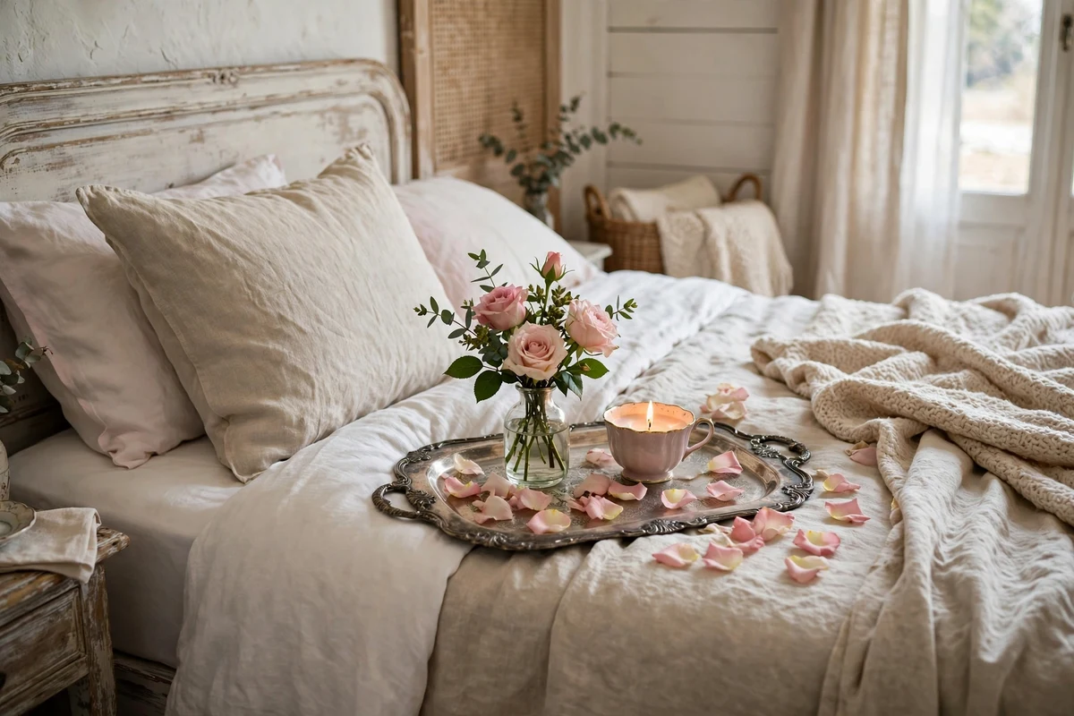 Decorative tray with rose petals and candles in shabby chic bedroom
