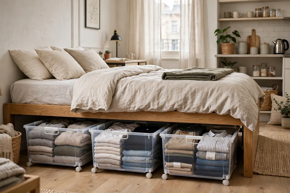 Under-bed rolling storage bins organizing clothes in a studio apartment