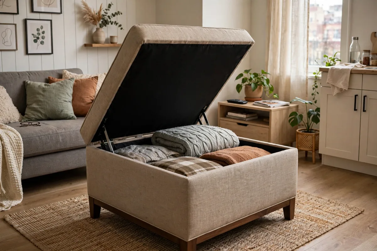 Storage ottoman hiding blankets and remotes in a small studio living area