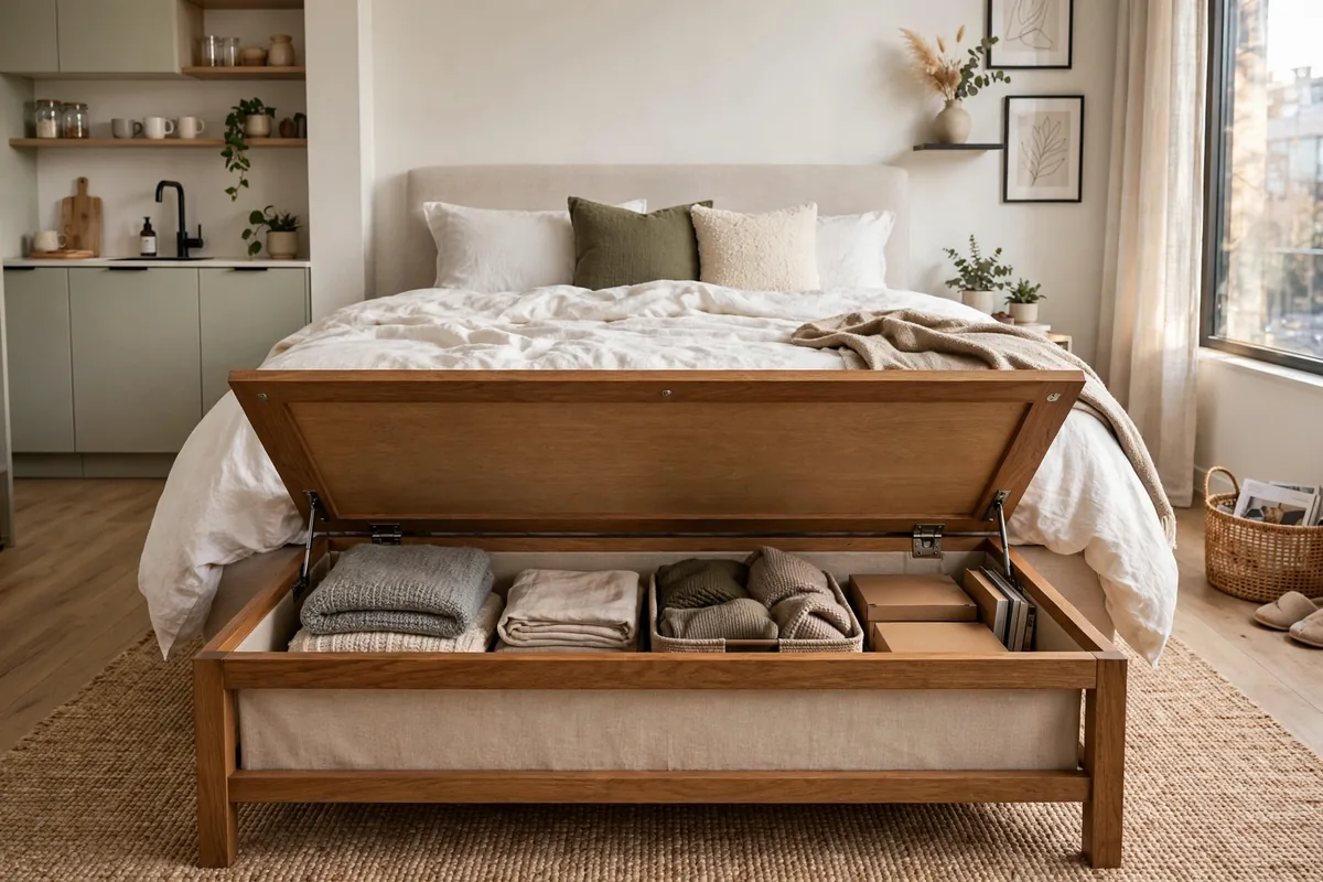 Flip-top storage bench at the foot of a bed in a studio apartment