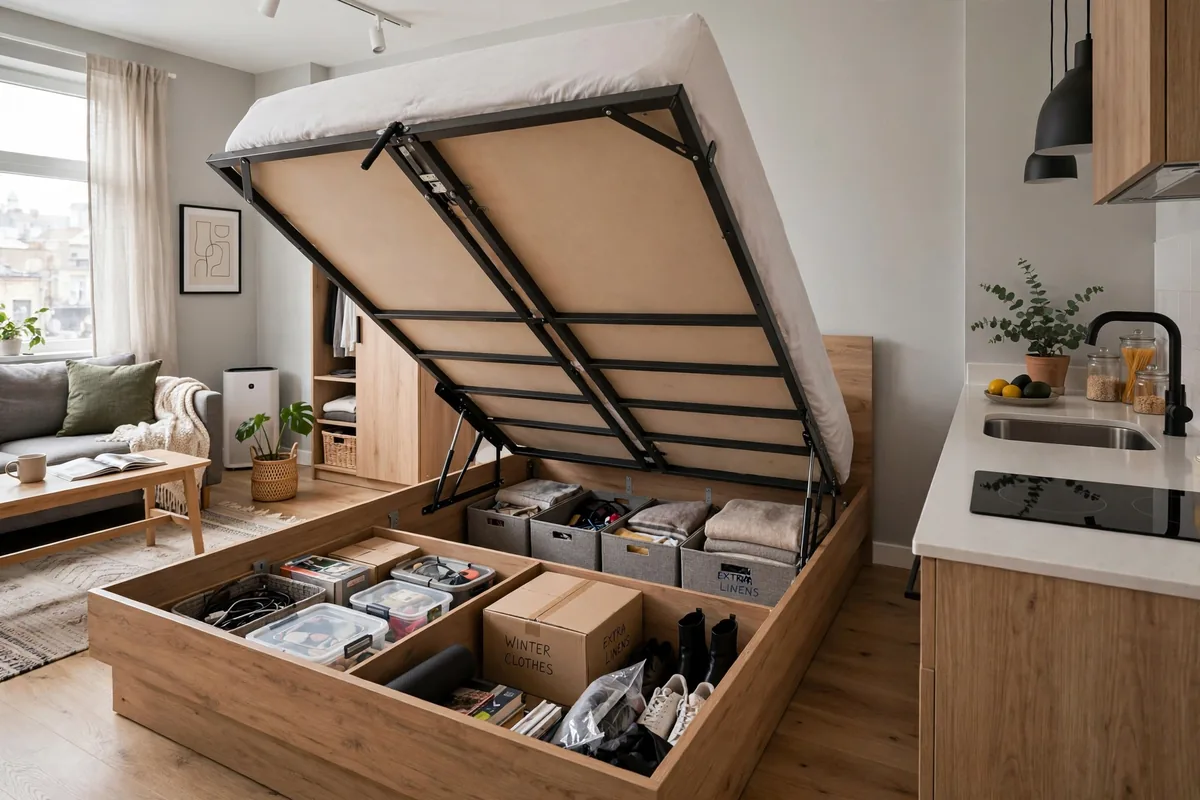 Lift-up storage bed frame revealing hidden storage underneath the mattress