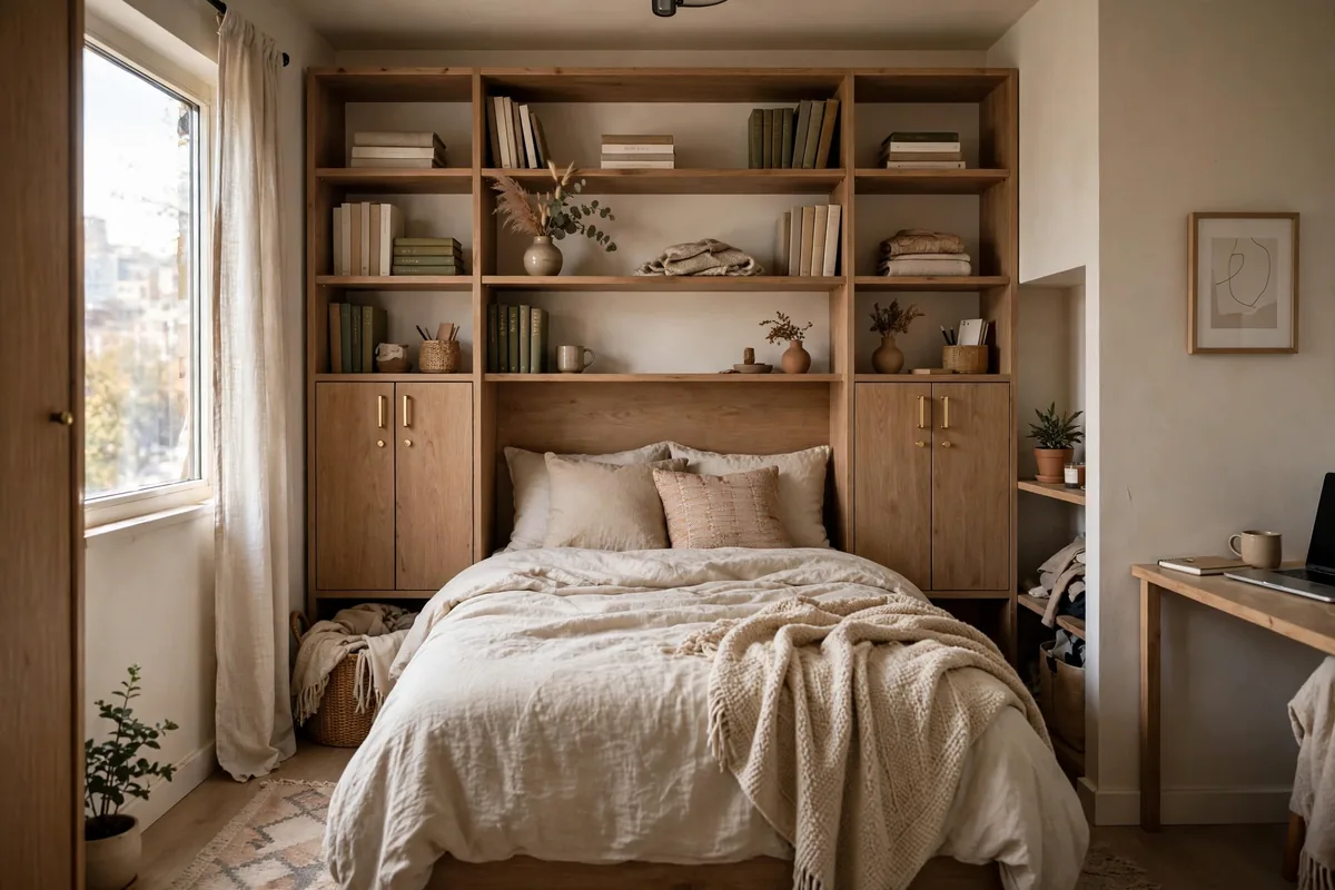 Bookcase headboard with shelves replacing nightstands in a studio bedroom zone