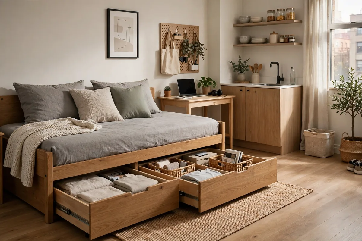 Daybed with pull-out trundle drawers storing clothes in a studio apartment