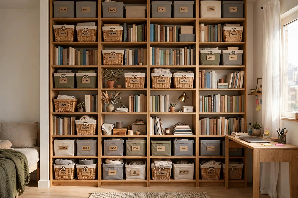 Floor-to-ceiling bookcase maximizing vertical storage in a studio apartment