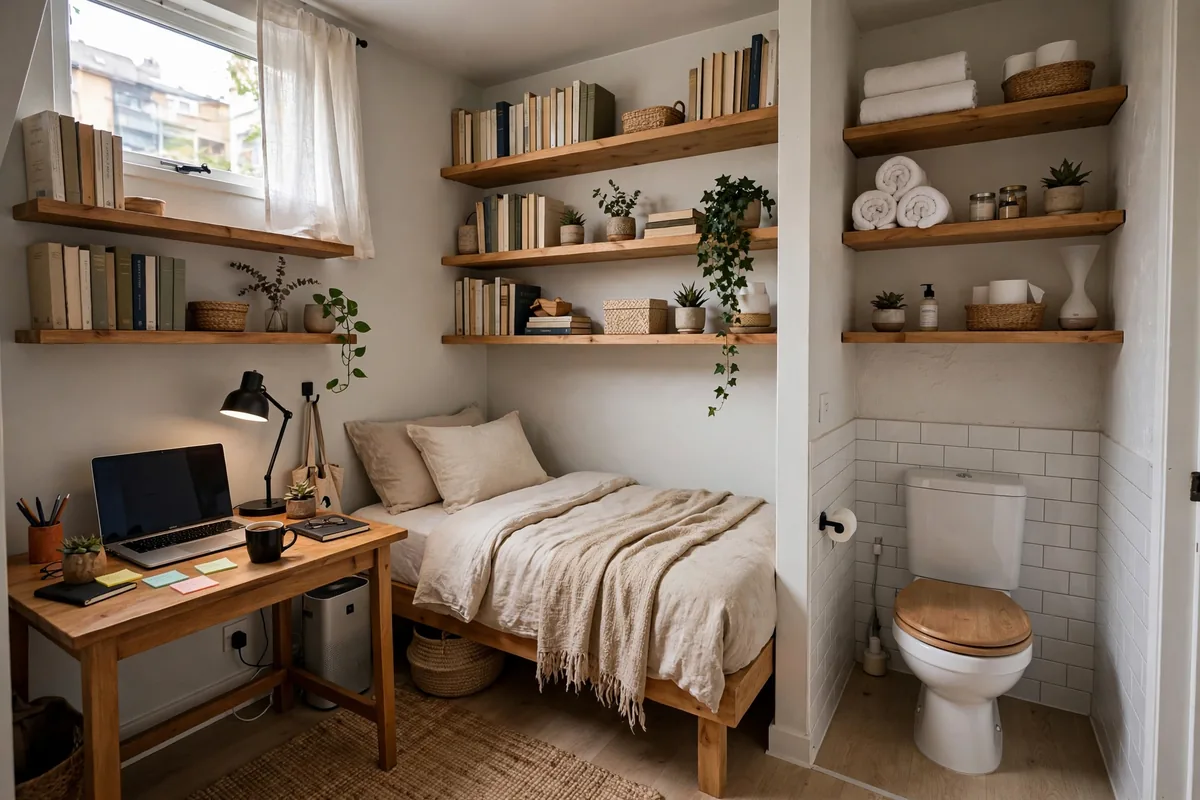 Floating shelves above a desk adding storage without using floor space