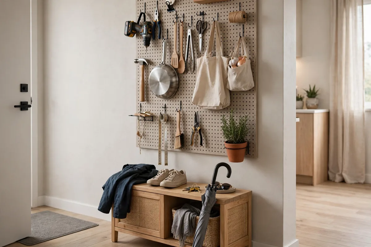 Pegboard wall organizing keys bags and tools in a studio apartment entryway