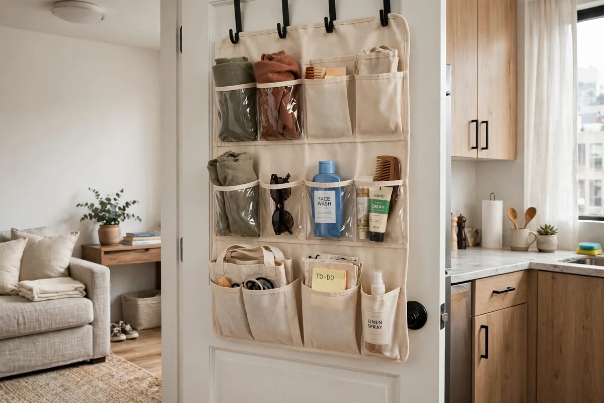 Over-door organizer with pockets storing shoes and supplies in a studio