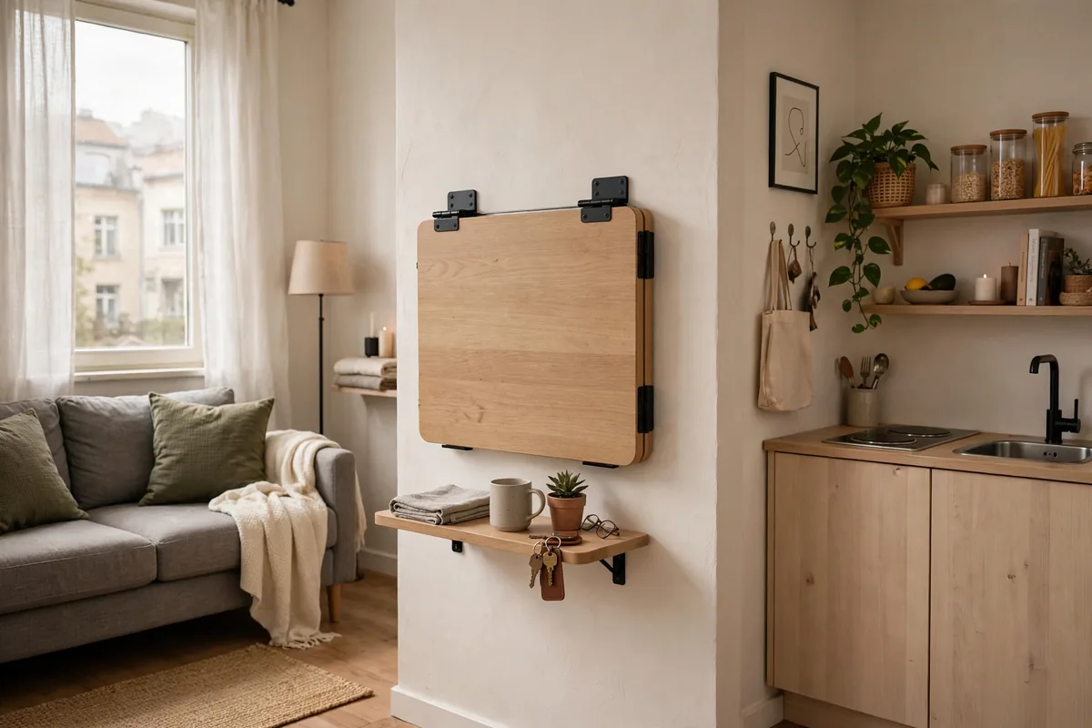 Wall-mounted drop-leaf table folded flat to save space in a studio apartment