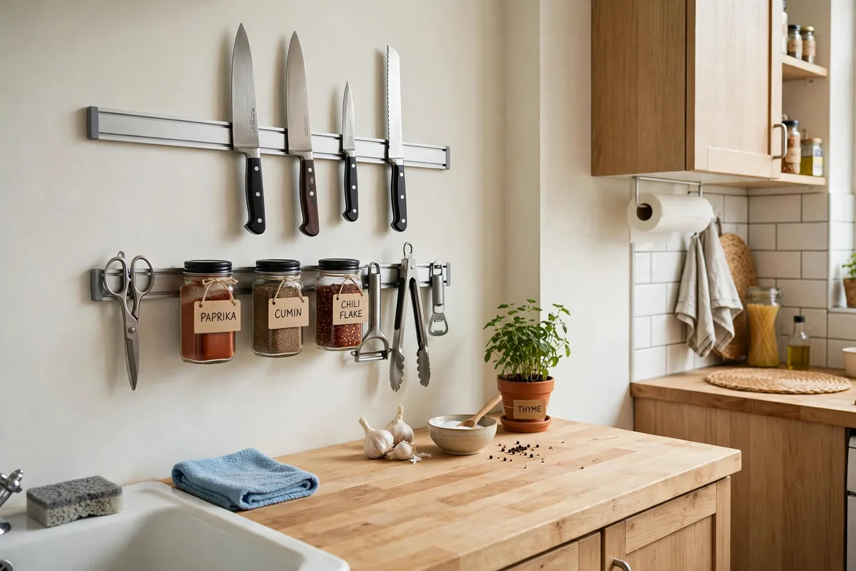 Magnetic knife strip and spice tins freeing drawer space in a small studio kitchen