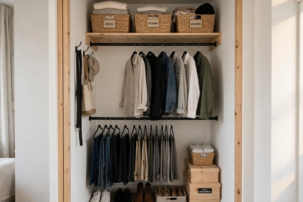 Double hanging rods doubling closet capacity in a small studio closet