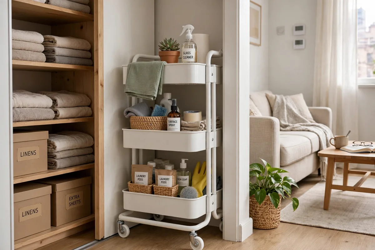 IKEA RASKOG rolling cart filling a narrow closet gap with organized storage
