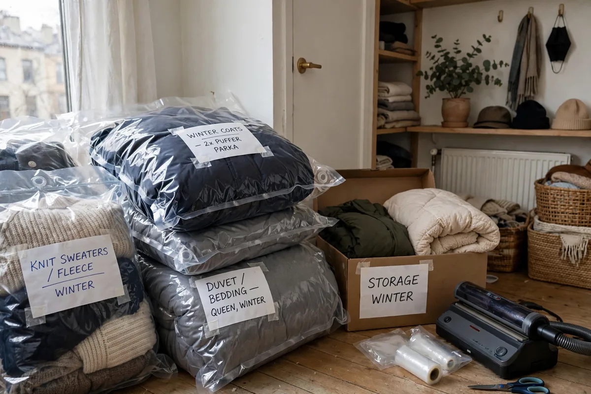 Vacuum-sealed bags compressing bulky bedding for under-bed storage