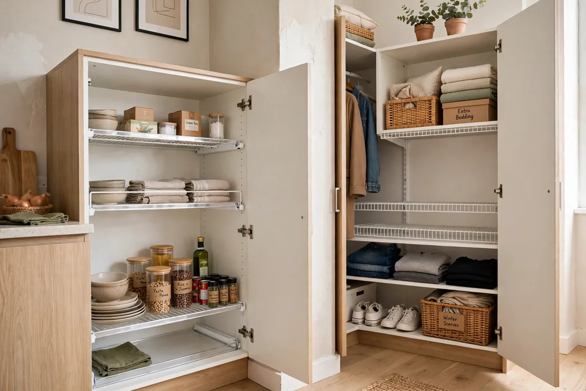Shelf risers doubling cabinet space in a studio apartment kitchen