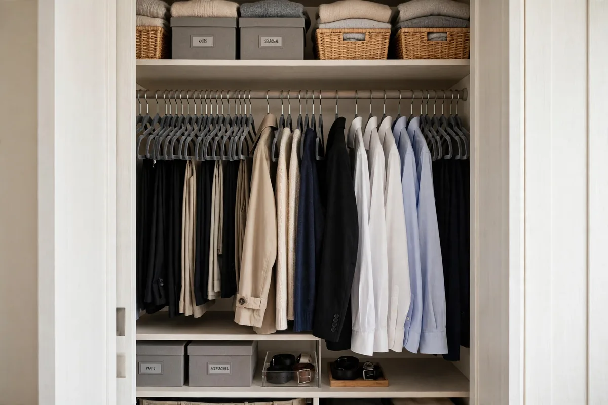Matching slim velvet hangers maximizing hanging space in a studio closet